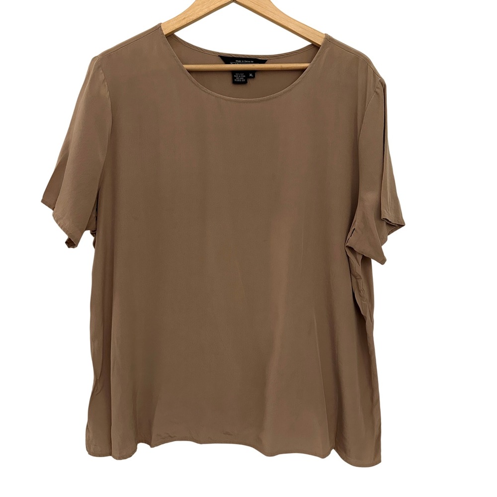 J. Peterman Silk Blouse Women XL Brown‎ Good Short Sleeve Round Neck Side Slit